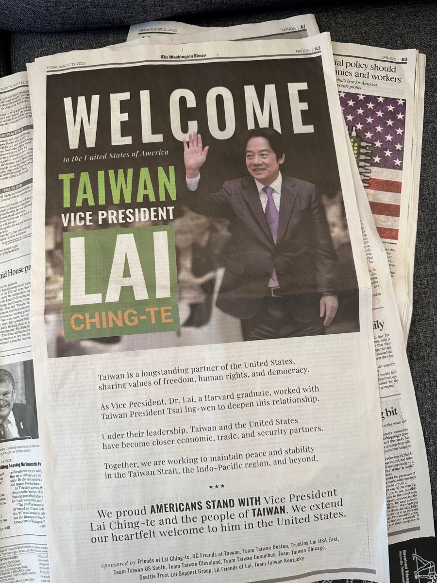 全美台僑日前也在《華盛頓時報》刊登全頁廣告,歡迎賴清德過境美國。讀者提供
