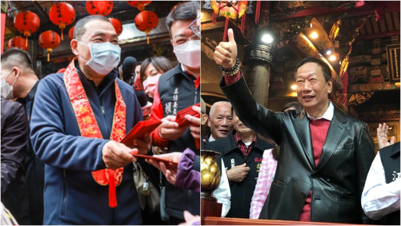 新北市長侯友宜（左）、鴻海集團創辦人郭台銘（右）前往慈惠宮參拜。中央社