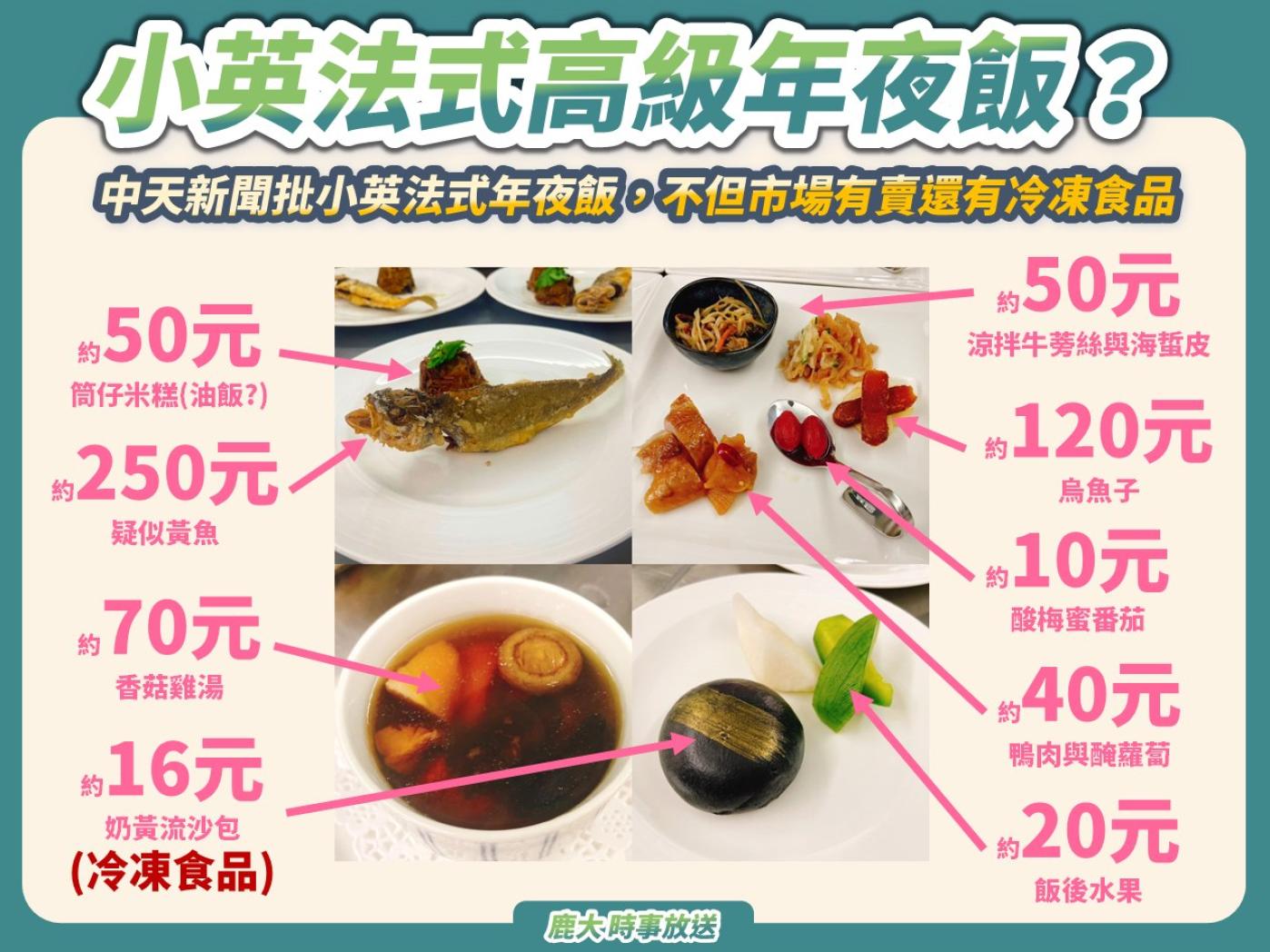  總統蔡英文年夜飯估價圖。翻攝「鹿大時事放送」粉專
