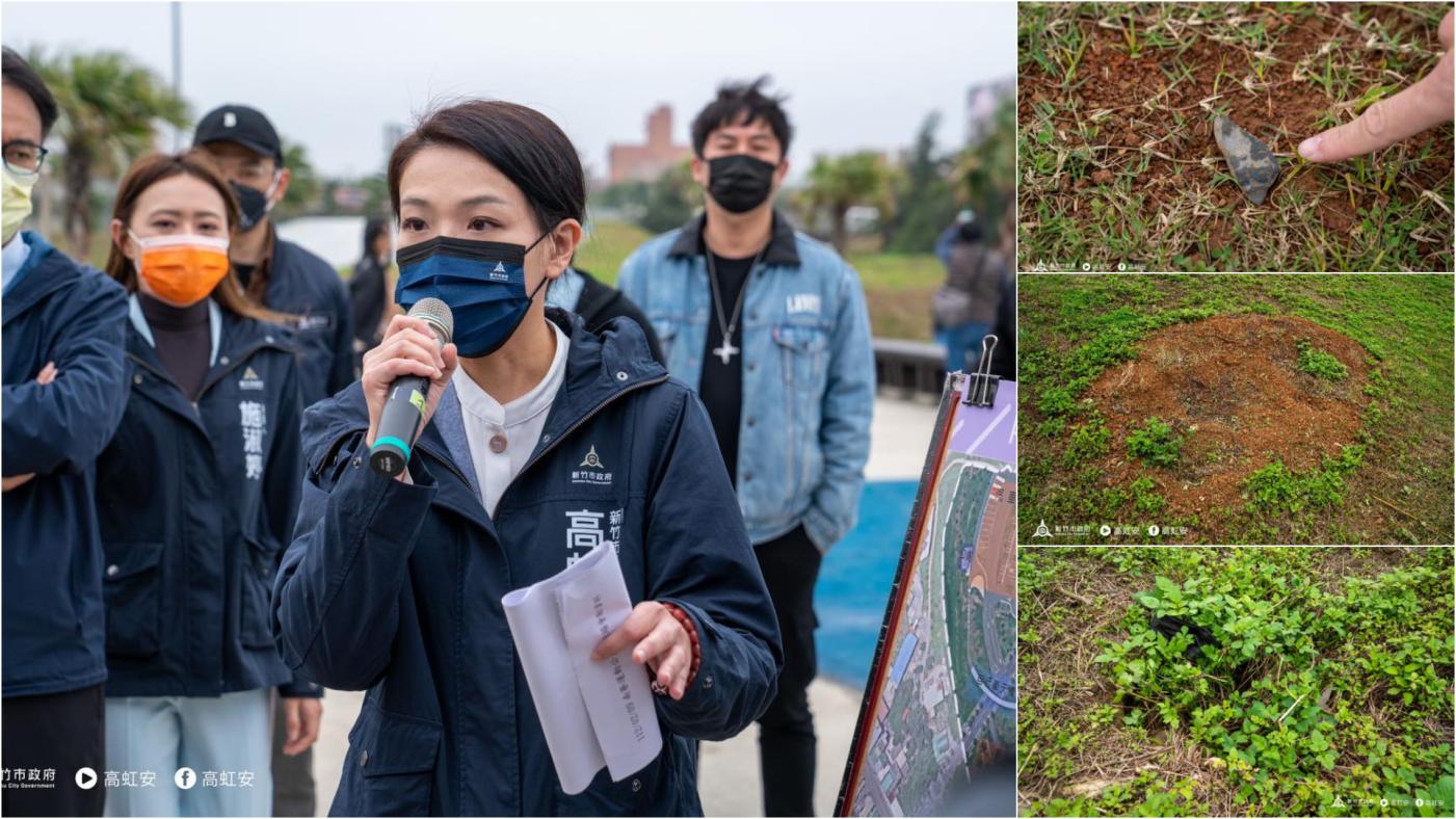 新竹市長高虹安與場勘團隊發現，南寮足球場草皮生長不佳，雜草叢生且伴有碎石，場內也有坑洞多處。翻攝高虹安臉書