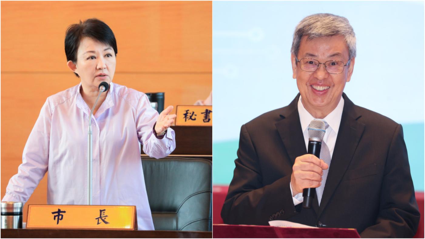 行政院長陳建仁（右）今在院會中，表態支持台中捷運綠線延伸案，同意對可行性評估「附條件一次核定」。台中市長盧秀燕（左）獲悉後，對陳建仁體察民意表示感謝。中央社資照