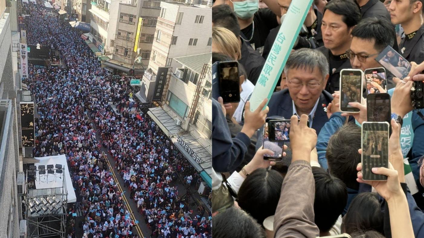 柯文哲16日赴台南市中西區商圈舉辦萬人造勢大會，現場滿滿支持者場面十分熱烈。左圖中央社、右圖柯文哲臉書