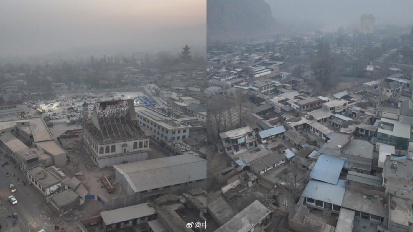 甘肅省發生6.2強震，震央地區許多建築物毀損。合成照片取自中國消防微博