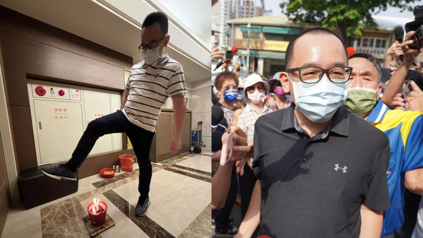 陳致中去年5月理著三分頭到雄檢報到發檢（右，中央社），假釋出獄後，9日在臉書po跨火爐照片（左），喊「往前走！」翻攝陳致中臉書