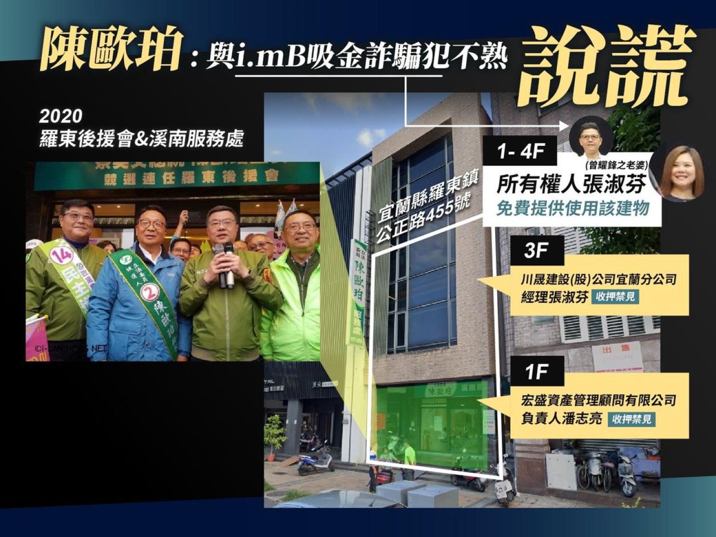 黃國昌爆料im.B的羅東大樓是民進黨立委陳歐珀服務處，要求陳歐珀說清楚收受多少利益。翻攝黃國昌臉書